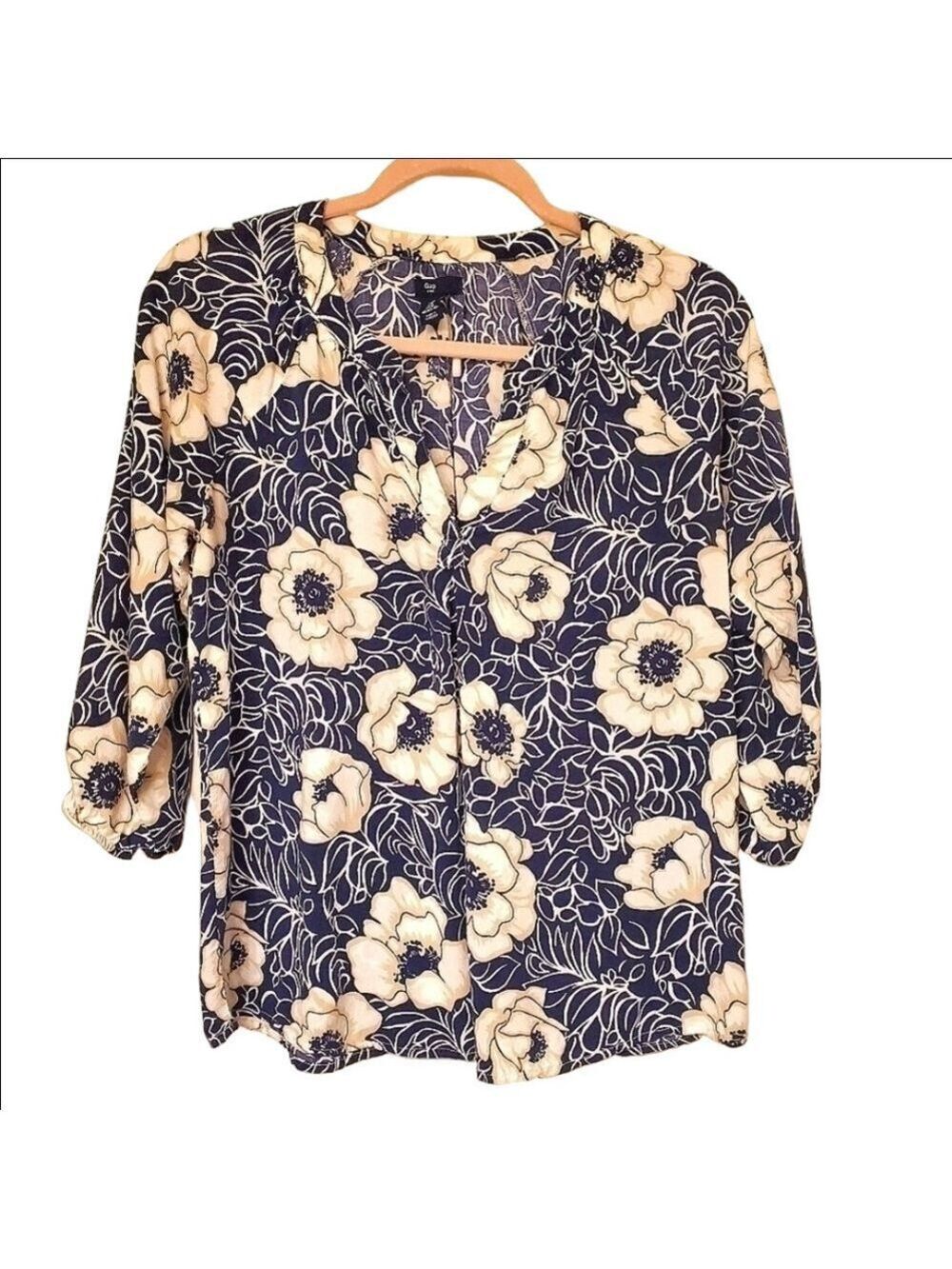 Gap Boho Floral V-Neck Casual Top Elastic 3/4 Sleeves Flowy Relaxed Fit Blue EUC
